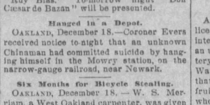 Newspaper article thumbnail: Chinese Found Hanging in Mowry Station from The San Francisco Examiner, 1894-12-19
