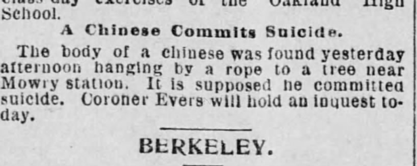 Newspaper article thumbnail: A Chinese Commits Suicide from The San Francisco Call and Post, 1894-12-19