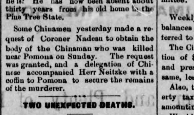 Newspaper article thumbnail: Chinese Man Killed Near Pomona from Los Angeles Herald, 1884-07-02
