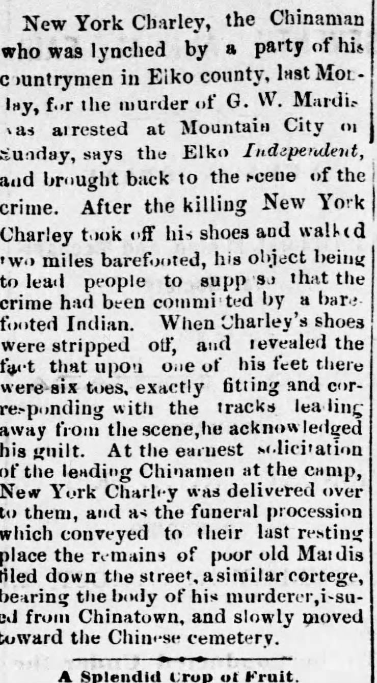 Newspaper article thumbnail: Chinese Lynching in Nevada from Reno Gazette-Journal, 1880-09-20