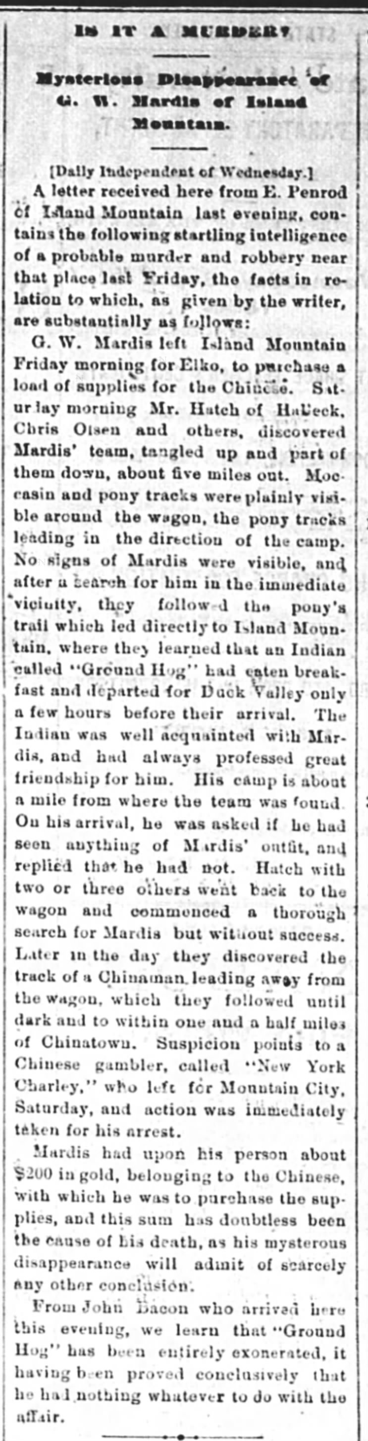 Newspaper article thumbnail: New York Charley Lynched by Chinese from Weekly Independent, 1880-09-19