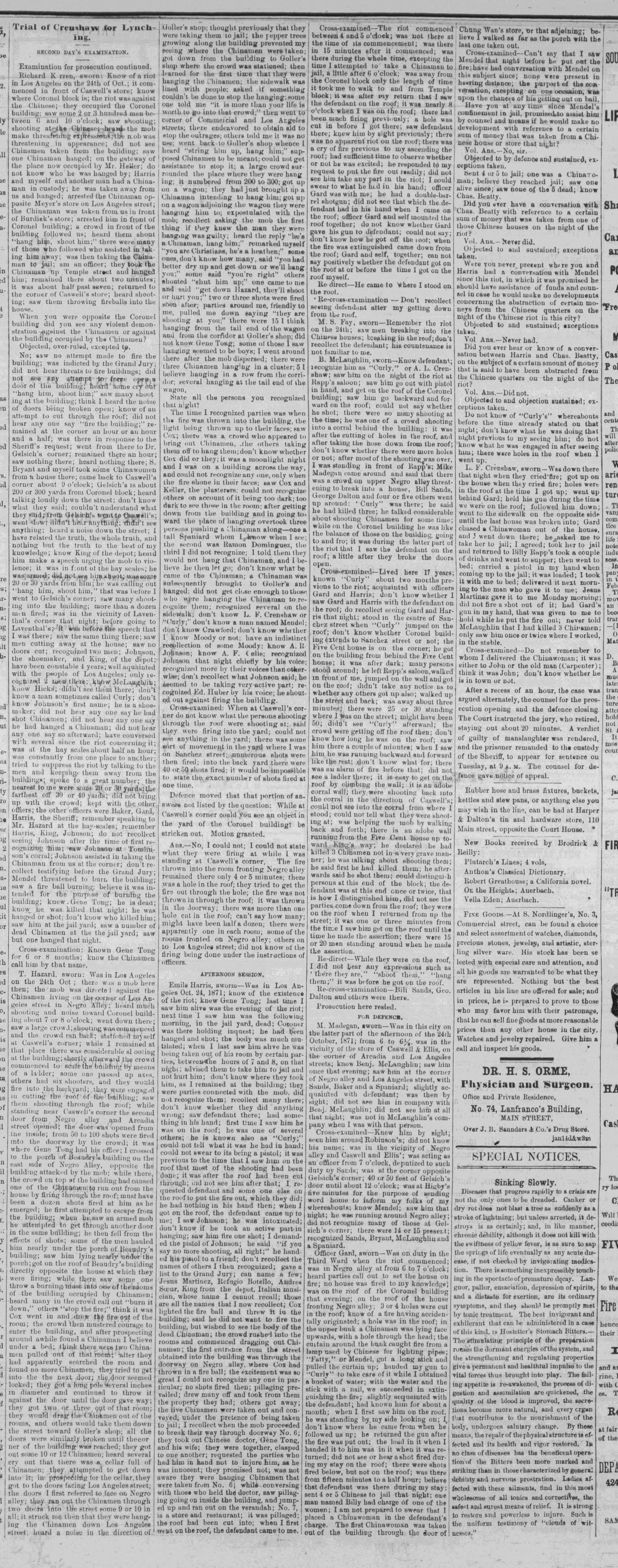 Newspaper article thumbnail: Trial of Crenshaw for Lynching from Los Angeles Daily News, 1872-02-18