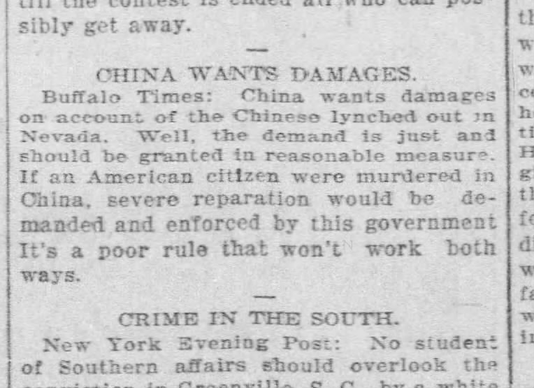 Newspaper article thumbnail: China Wants Damages from The Morning News, 1903-09-24