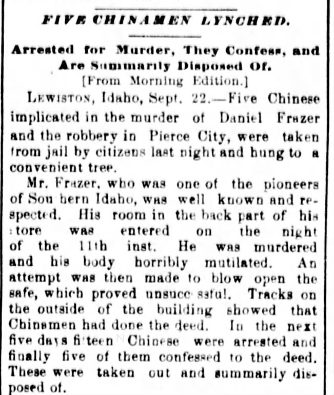 Newspaper article thumbnail: Five Chinamen Lynched from Springfield News-Sun, 1885-09-23