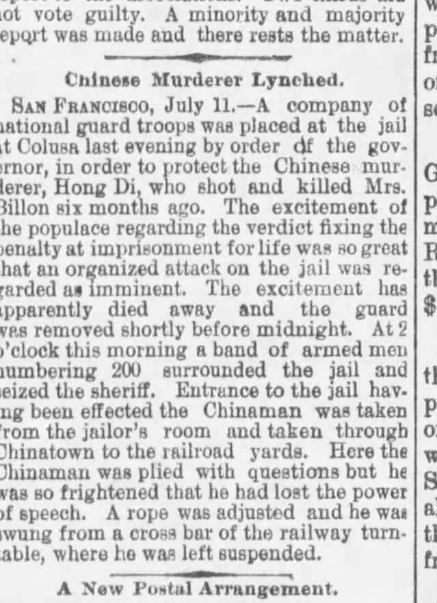 Newspaper article thumbnail: Chinese Murderer Lynched from The Boomer, 1887-07-15