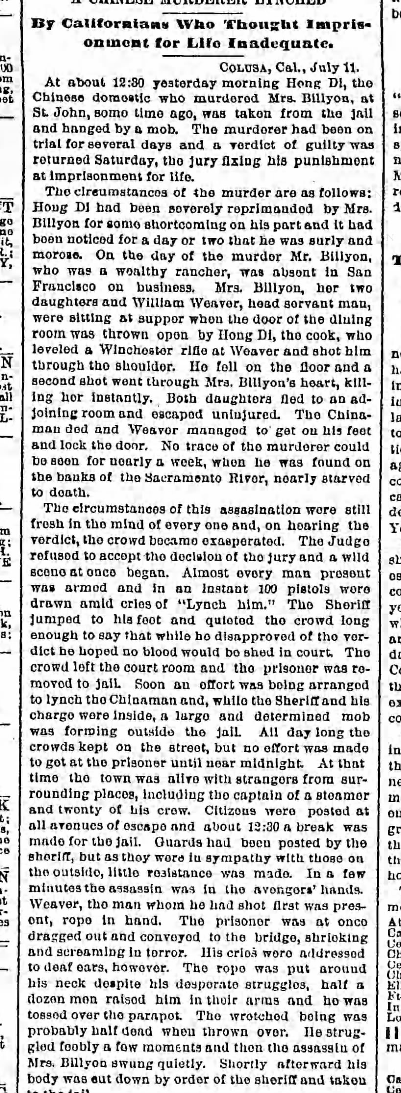 Newspaper article thumbnail: A Chinese Murderer Lynched from Brooklyn Eagle, 1887-07-11