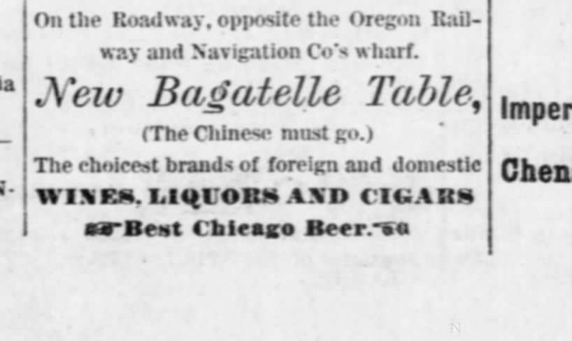 Newspaper article thumbnail: Ad: Wines, Liquors, and Chinese Must Go from The Daily Astorian, 1881-04-13
