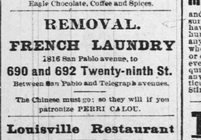 Newspaper article thumbnail: Ad: French Laundry, Anti-Chinese Laundry Pitch from Oakland Tribune, 1888-03-01