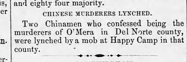 Newspaper article thumbnail: Chinese Murderers Lynched from The Altoona Tribune, 1874-06-11