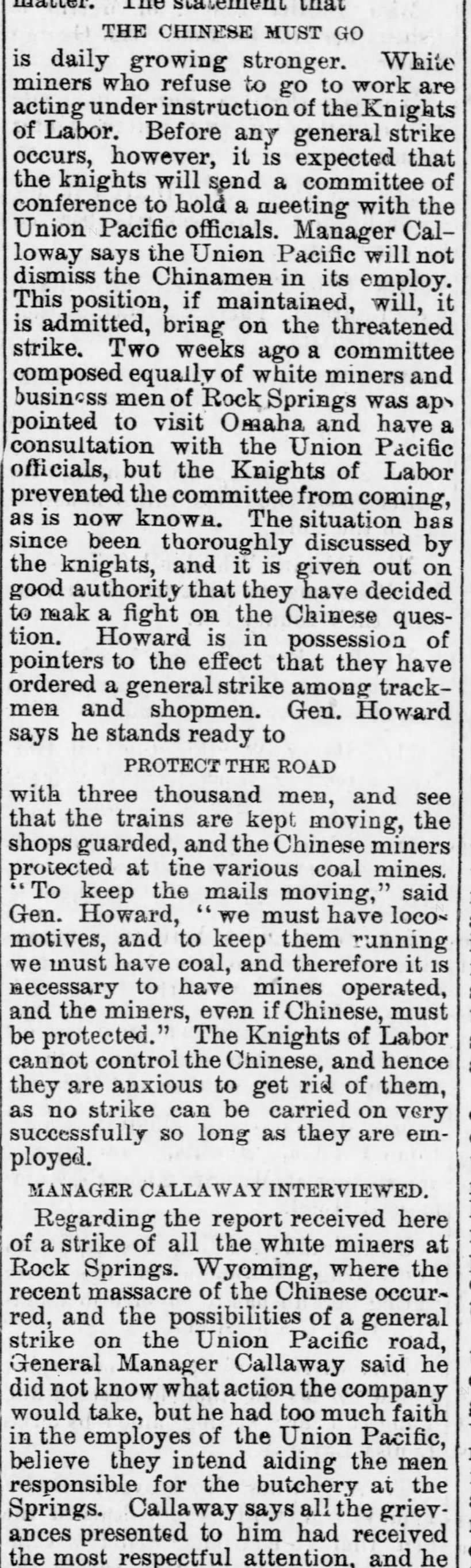 Newspaper article thumbnail: The Chinese Must Go Movement is Growing from Wood County Reporter, 1885-09-24