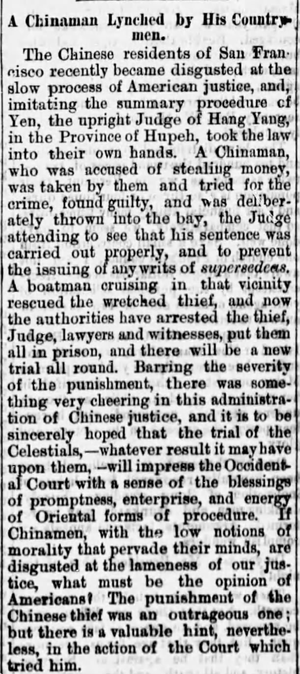 Newspaper article thumbnail: A Chinaman Lynched by His Countrymen from Rutland Independent, 1873-01-04