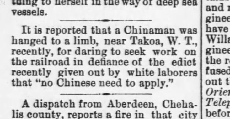 Newspaper article thumbnail: Chinaman Hanged Near Takoa from The Daily Astorian, 1889-03-06