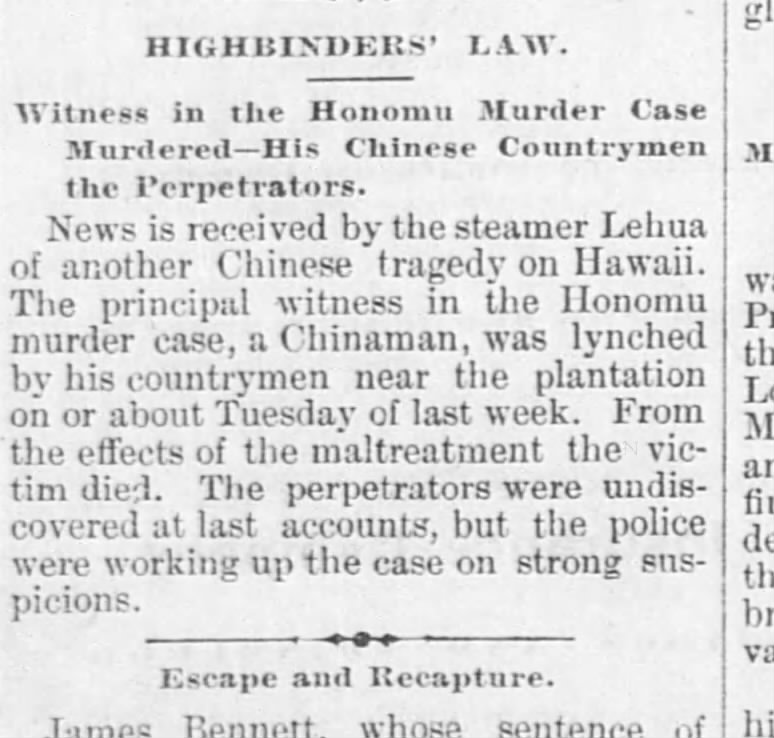 Newspaper article thumbnail: Highbinders' Law from The Hawaiian Gazette, 1889-01-22