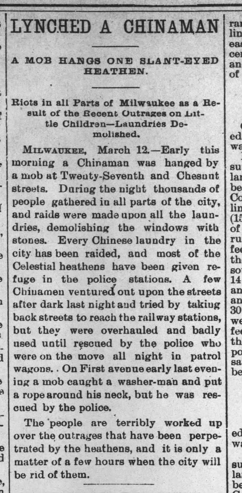 Newspaper article thumbnail: Lynched a Chinaman from Ashland Weekly News, 1889-03-13
