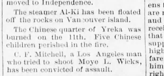 Newspaper article thumbnail: Five Chinese Children Perish in Yreka Blaze from Santa Cruz Sentinel, 1886-08-14