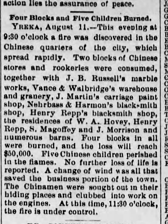 Newspaper article thumbnail: Four Blocks and Five Children Burned from The Evening Mail, 1886-08-12