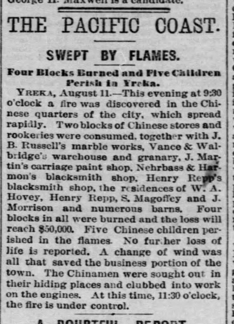 Newspaper article thumbnail: The Pacific Coast Swept by Flames from The San Francisco Examiner, 1886-08-12