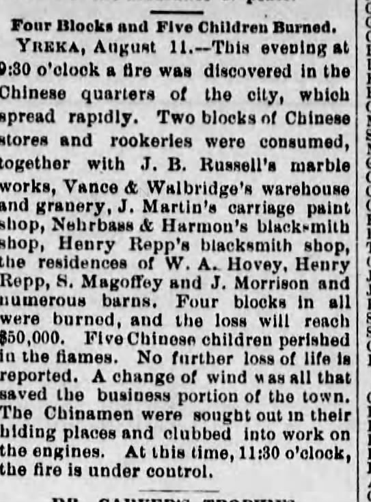 Newspaper article thumbnail: Four Blocks and Five Children Burned from The Evening Mail, 1886-08-12