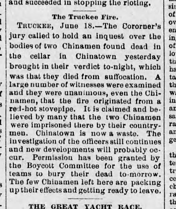 Newspaper article thumbnail: The Truckee Fire from The Evening Mail, 1886-06-19