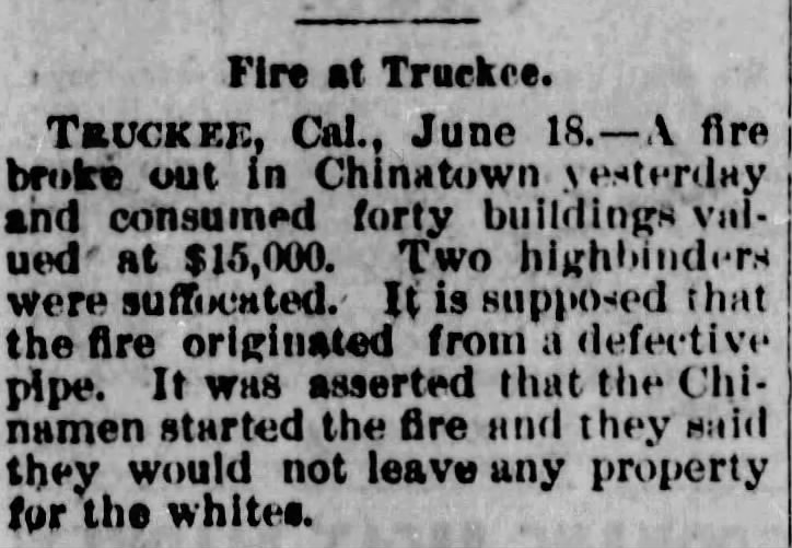 Newspaper article thumbnail: Fire at Truckee from Spokane Falls Review, 1886-06-19