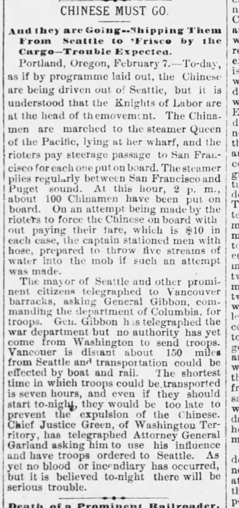 Newspaper article thumbnail: Chinese Must Go from Knoxville Daily Chronicle, 1886-02-08