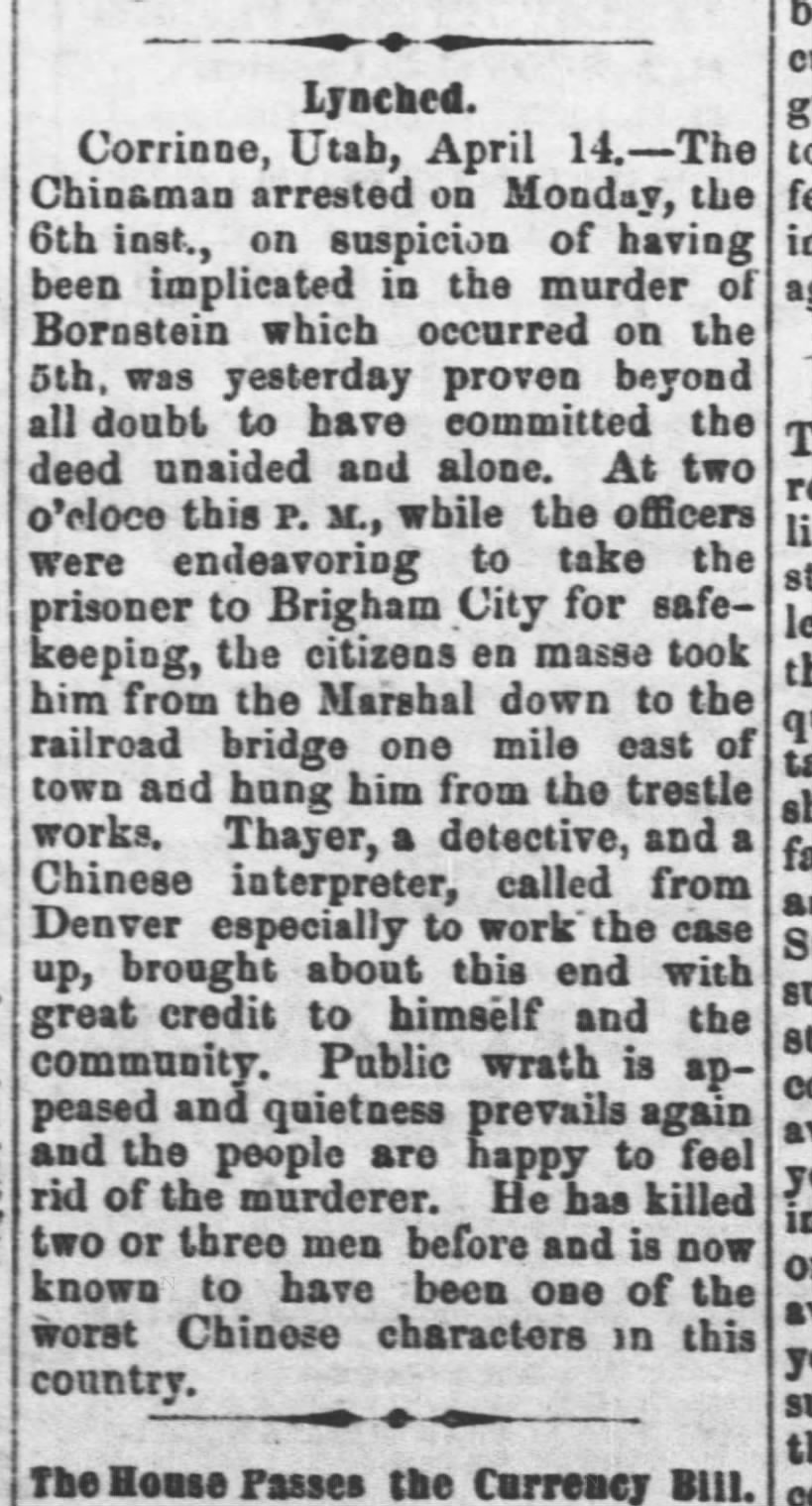 Newspaper article thumbnail: Lynched from Fort Scott Daily Monitor, 1874-04-15