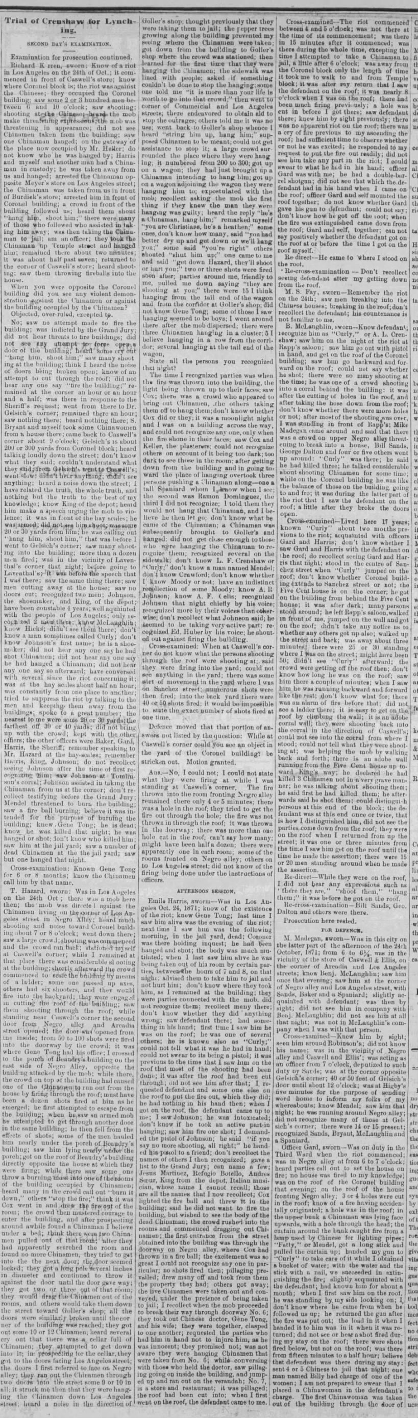 Newspaper article thumbnail: Trial of Crenshaw for Lynching Chinese from Los Angeles Daily News, 1872-02-18