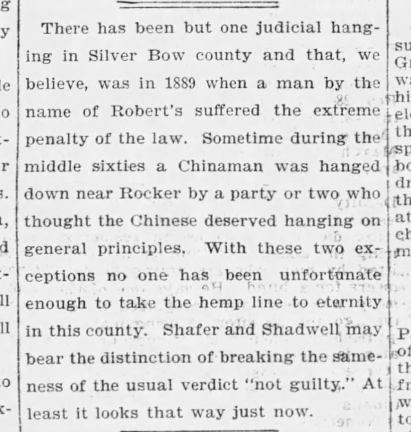 Newspaper article thumbnail: Chinese Man Lynched in Silver Bow County from The Butte Daily Post, 1899-02-20