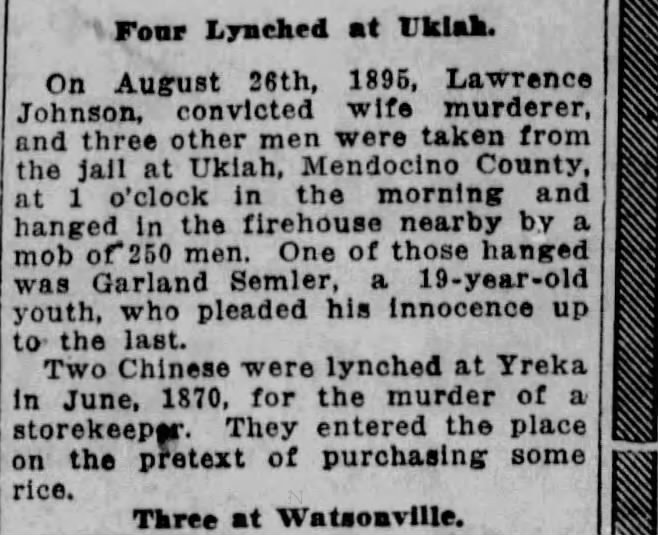 Newspaper article thumbnail: Two Chinese Lynched at Yreka from The Sacramento Bee, 1920-12-10