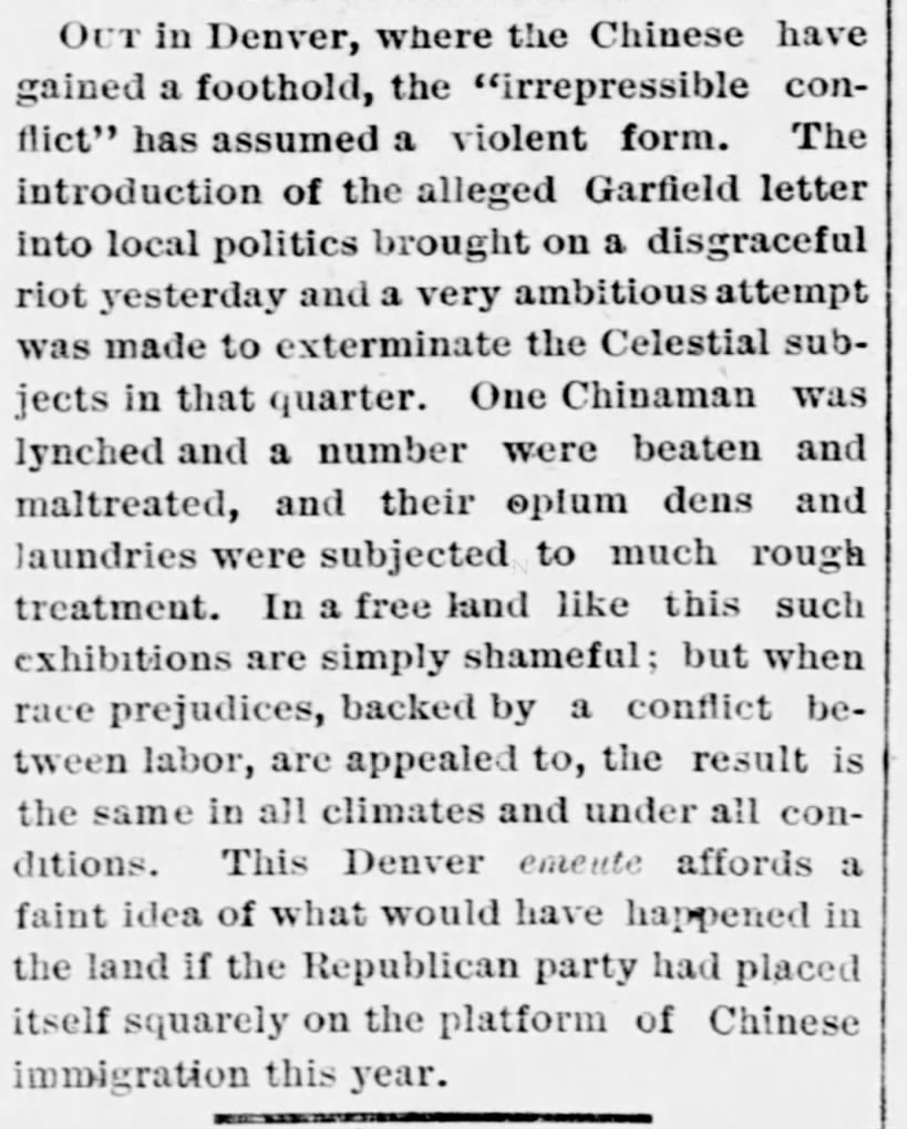Newspaper article thumbnail: Denver Riot Against Chinese from St. Louis Post-Dispatch, 1880-11-01