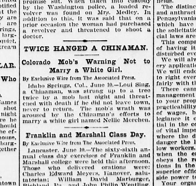 Newspaper article thumbnail: Twice Hanged a Chinaman from The Scranton Tribune, 1902-06-10