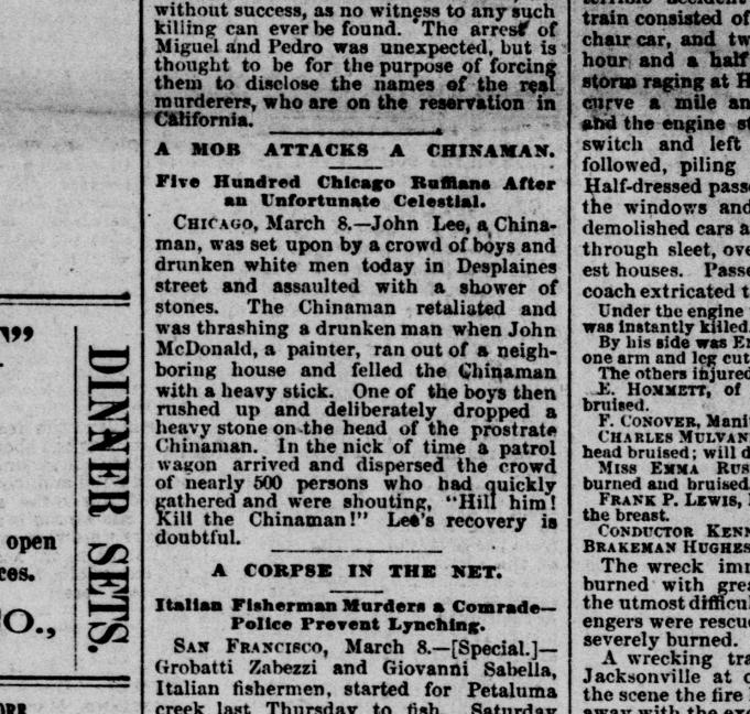 Newspaper article thumbnail: A Mob Attacks a Chinaman from The Seattle Post-Intelligencer, 1891-03-08