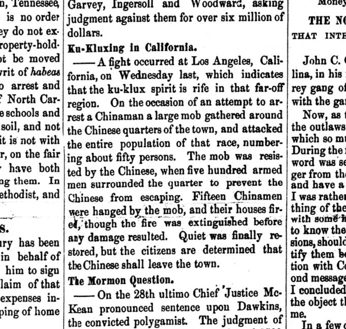 Newspaper article thumbnail: Ku-Kluxing in California from Yorkville Enquirer, 1871-11-02