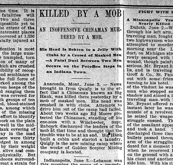 Newspaper article thumbnail: An Inoffensive Chinaman Murdered by a Mob from The Princeton Union, 1896-06-03