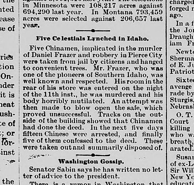 Newspaper article thumbnail: Five Celestials Lynched in Idaho from The Griggs Courier, 1885-10-02