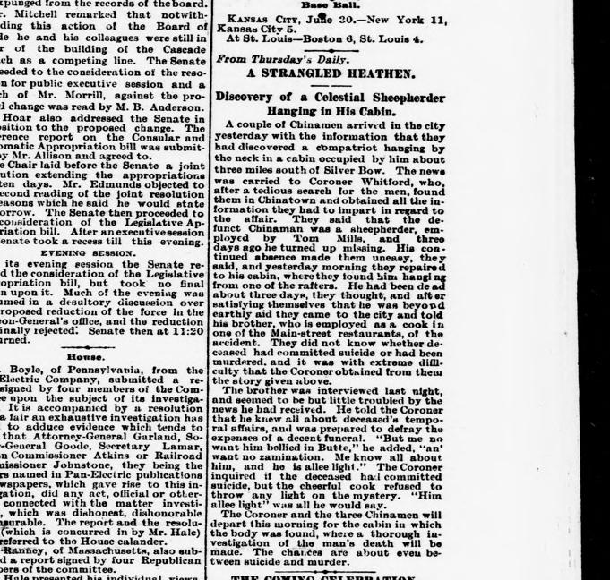 Newspaper article thumbnail: A Strangled Heathen from The Montana Post, 1886-07-03