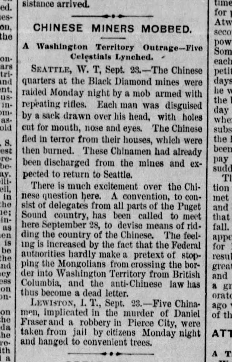 Newspaper article thumbnail: Five Celestials Lynched in Idaho from The Courier, 1885-06-30
