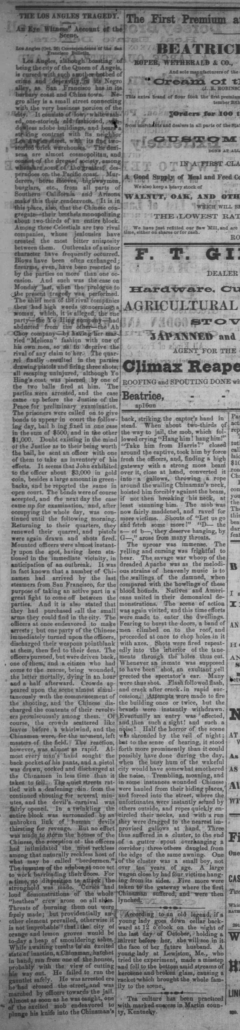 Newspaper article thumbnail: The Los Angeles Tragedy from The Beatrice Weekly Express, 1871-11-18