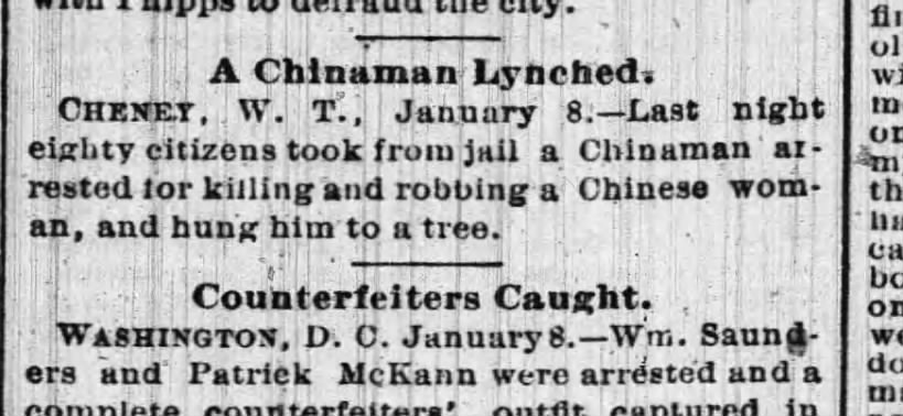 Newspaper article thumbnail: A Chinaman Lynched from St. Louis Globe-Democrat, 1883-01-09