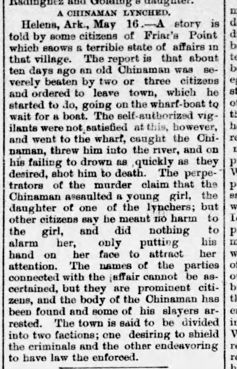Newspaper article thumbnail: A Chinaman Lynched from The Morning Democrat, 1885-05-17