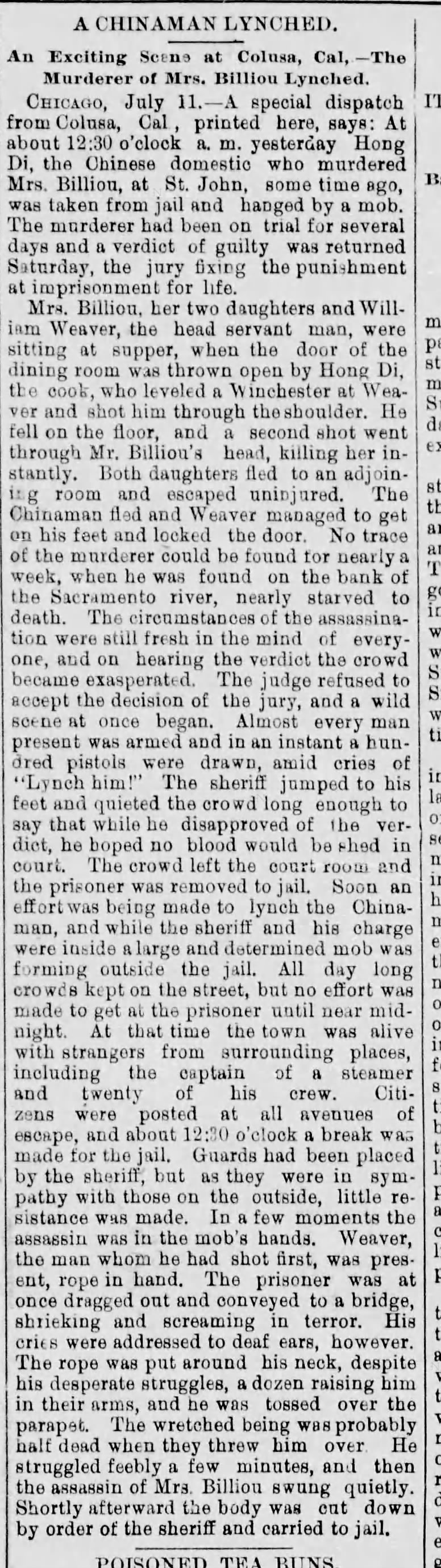 Newspaper article thumbnail: A Chinaman Lynched from The Macon Telegraph, 1887-07-11