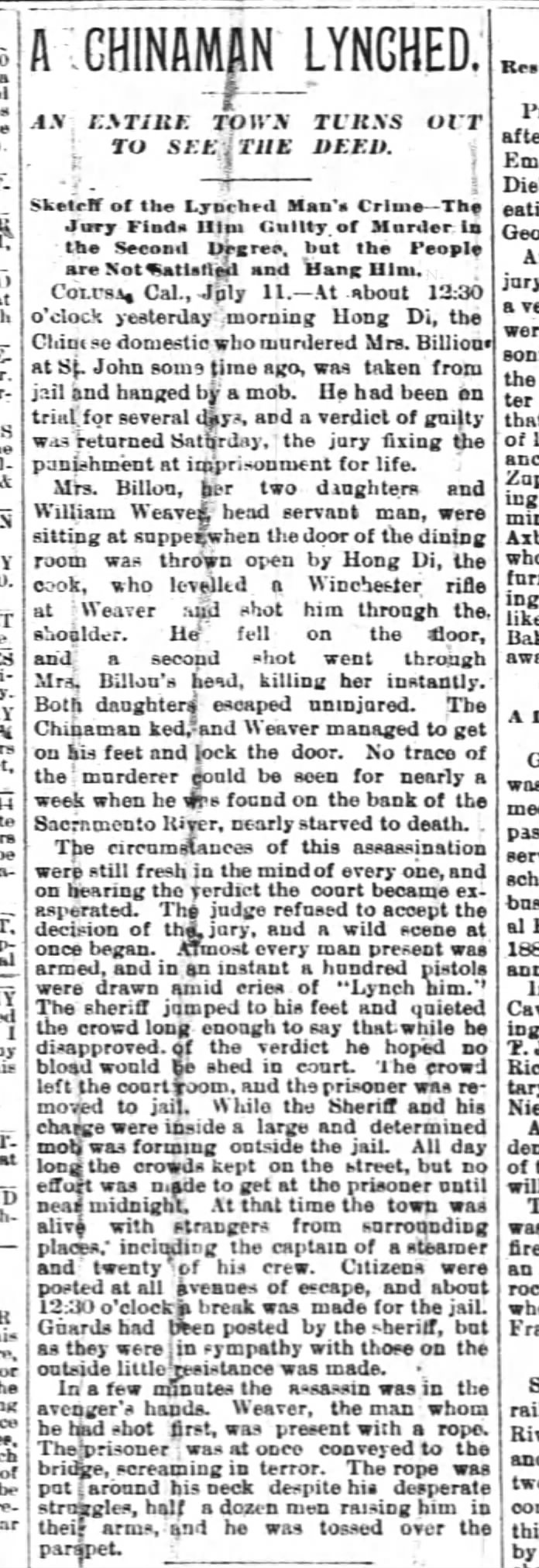 Newspaper article thumbnail: A Chinaman Lynched from The Times Leader, 1877-10-23