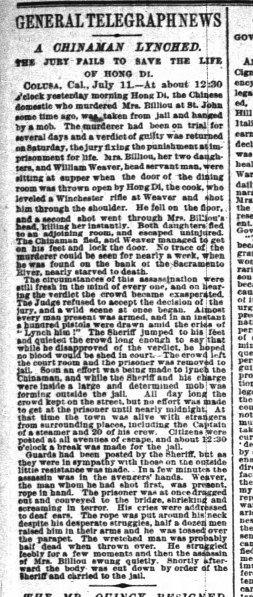 Newspaper article thumbnail: A Chinaman Lynched from The New York Times, 1877-10-23