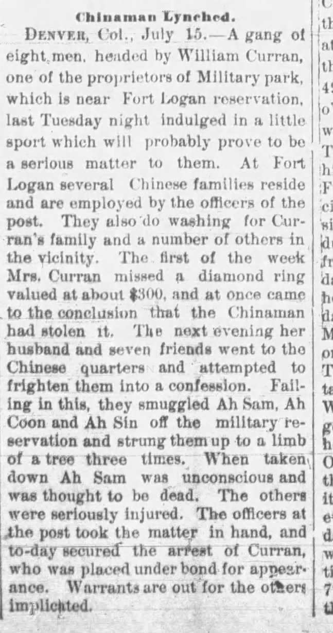Newspaper article thumbnail: Chinaman Lynched from The North Bend Argus, 1890-07-17
