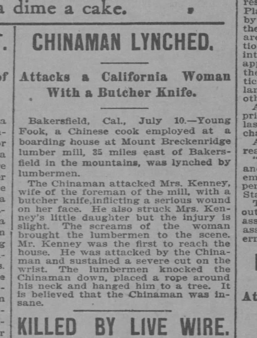 Newspaper article thumbnail: Chinaman Lynched from The Topeka State Journal, 1901-07-10