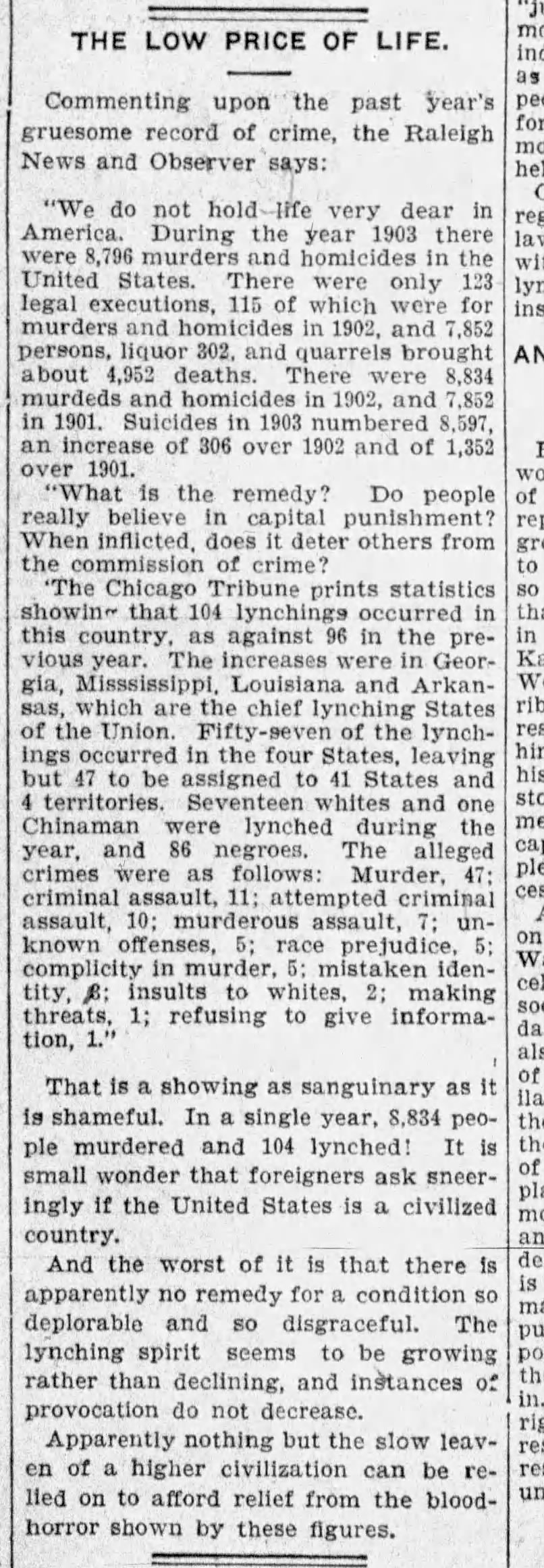 Newspaper article thumbnail: The Low Price of Life from Virginian-Pilot, 1904-01-09