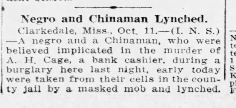 Newspaper article thumbnail: Negro and Chinaman Lynched from The Oregon Daily Journal, 1915-10-11