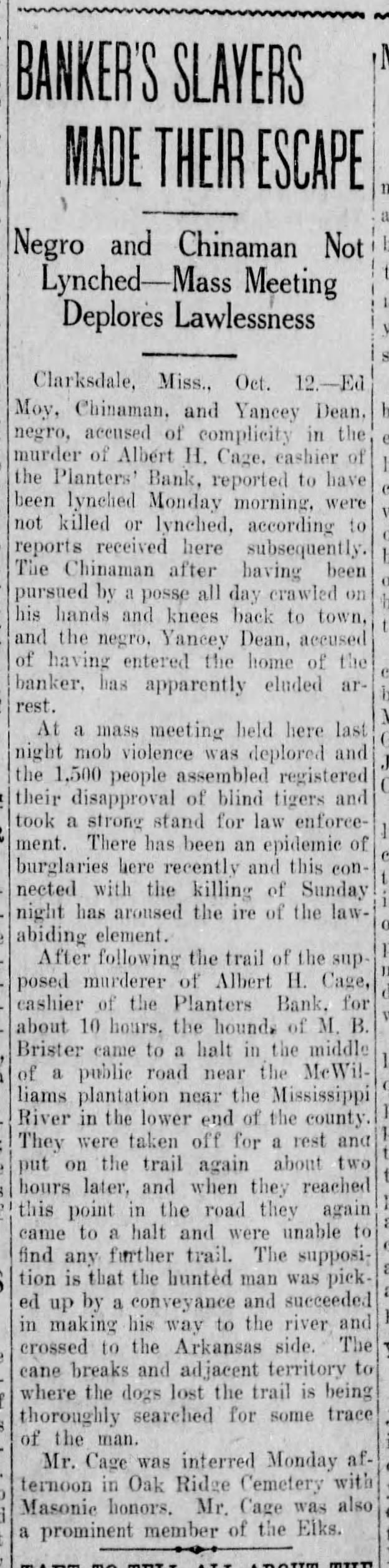 Newspaper article thumbnail: Banker’s Slayers Made Their Escape from The Vicksburg Post, 1915-10-12
