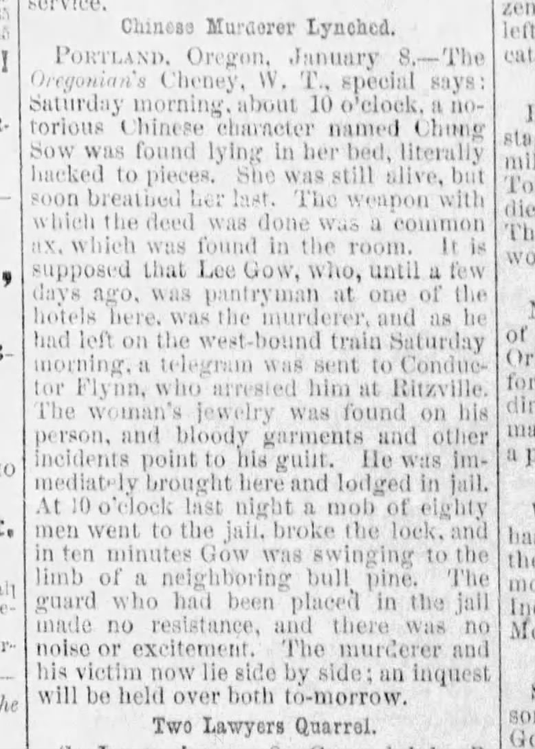 Newspaper article thumbnail: Chinese Murderer Lynched from The Idaho Statesman, 1883-01-11