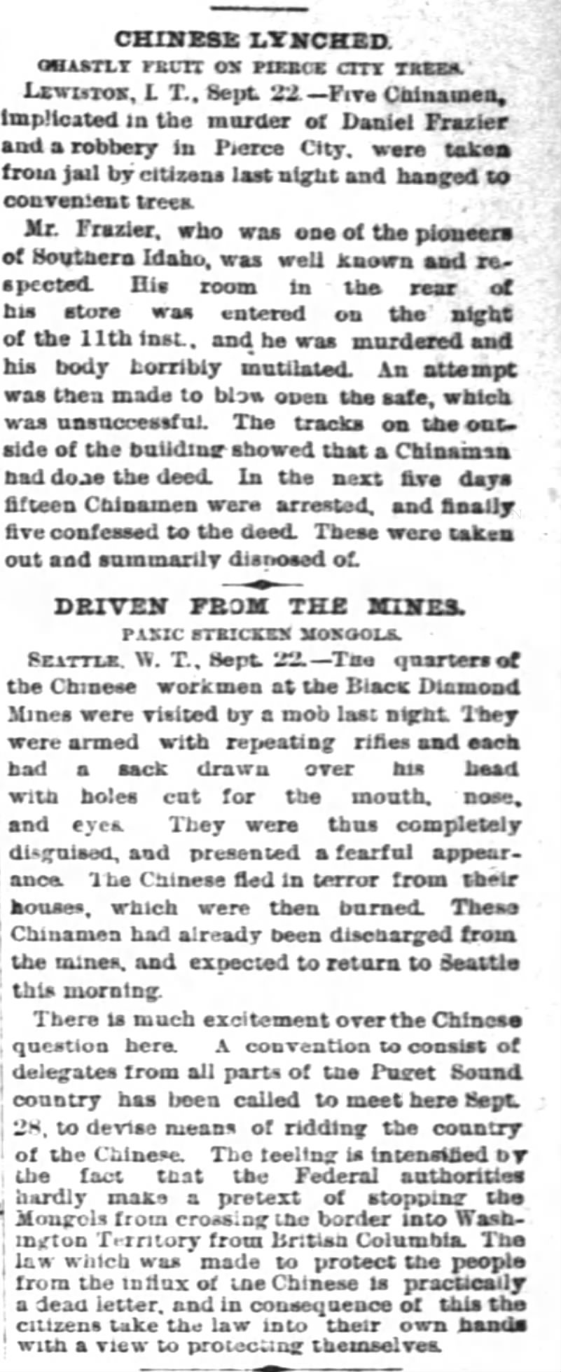 Newspaper article thumbnail: Chinese Lynched from The Inter Ocean, 1885-09-23